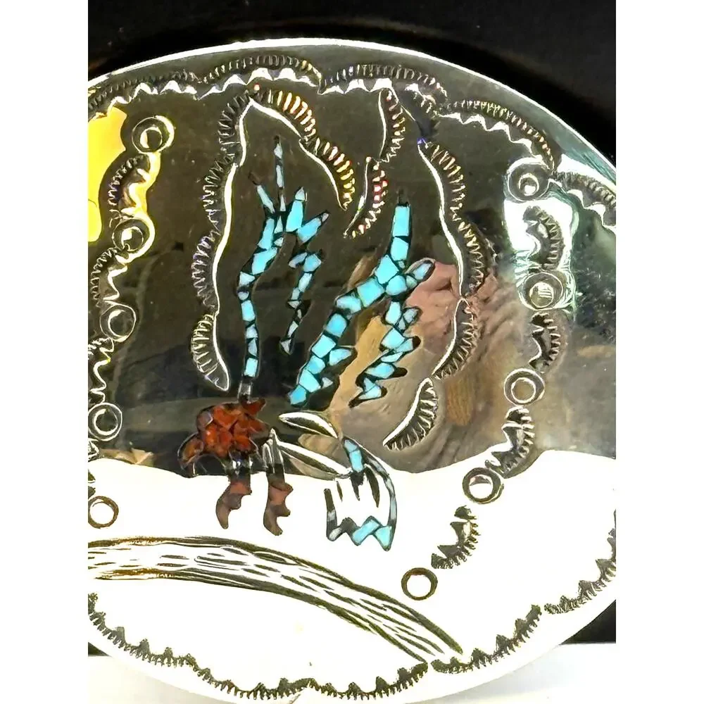 Vintage Sterling Silver Hopi Signed Turquoise Coral Buckle